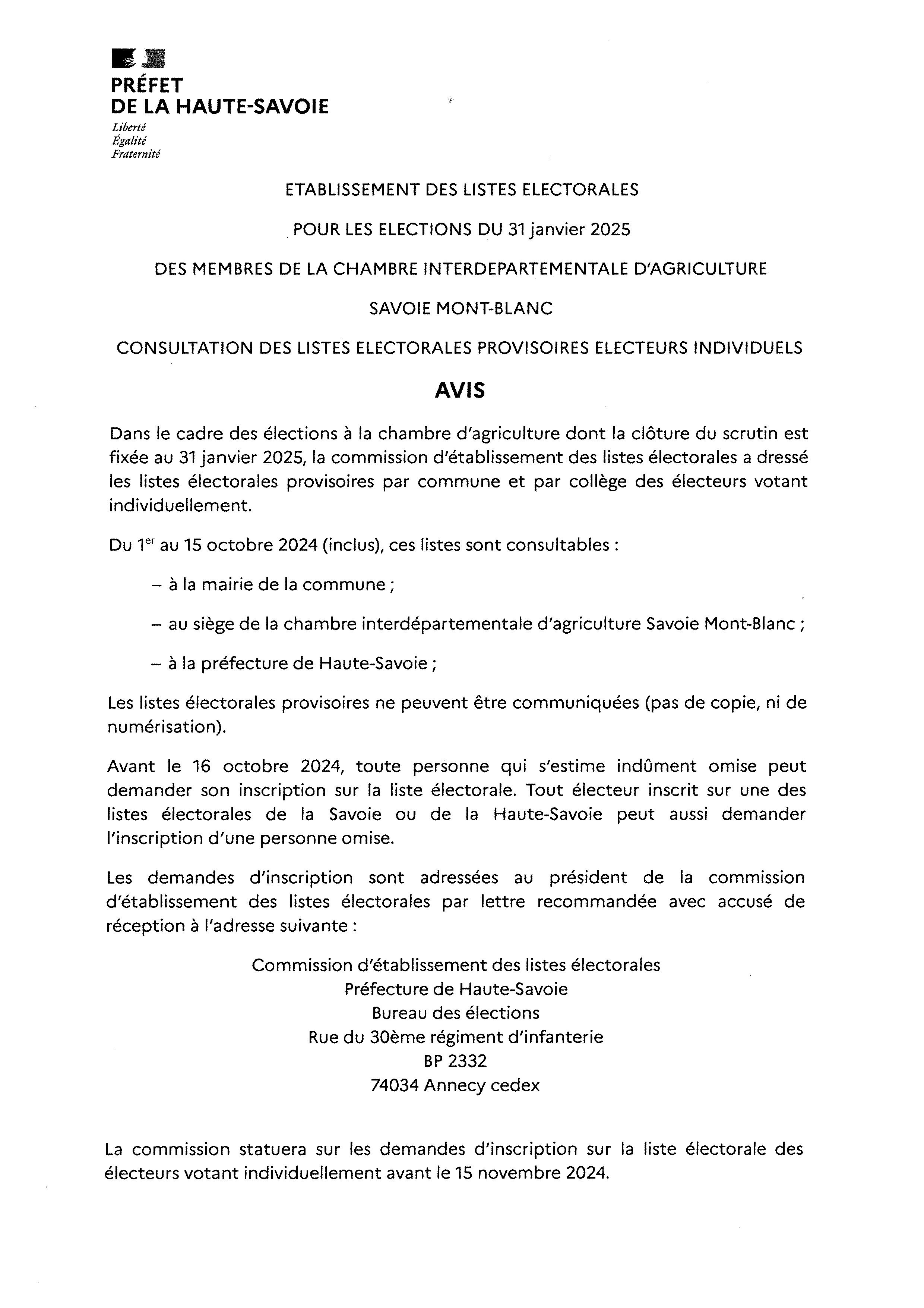 avis aux électeurs liste électorales provisoires elections ch agri savoie mt blanc 2025